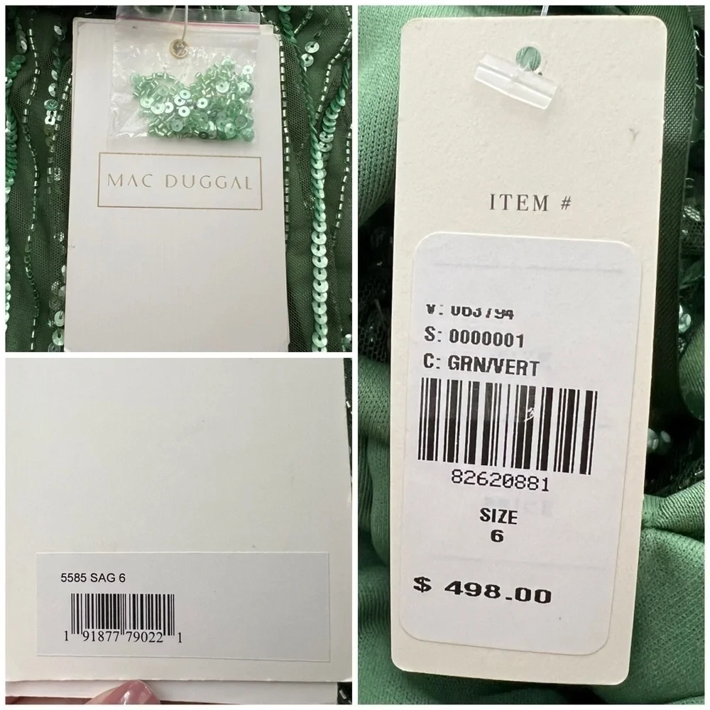 Mac Duggal Sequined Wrap Over Cap Sleeve Ruffle Hem Dress Sage Size 6 NEW - Picture 15 of 15